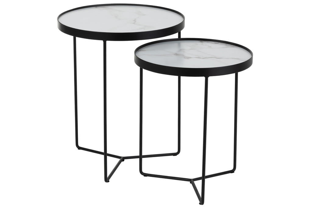 Set Of 2 Side Tables Round Mdf/Iron Black/White Marbled