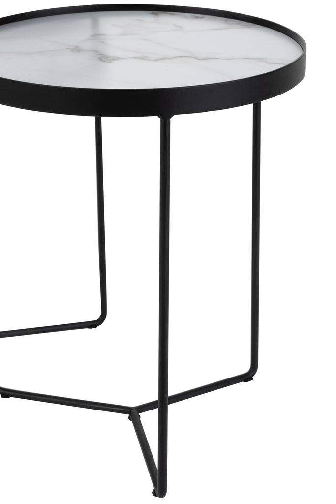 Set Of 2 Side Tables Round Mdf/Iron Black/White Marbled