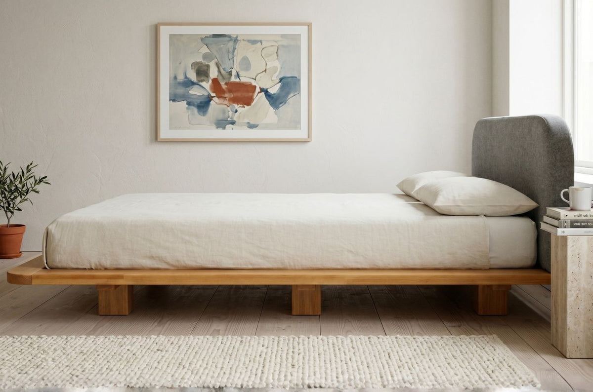BORA Beech Floating Bed with Upholstered Headboard