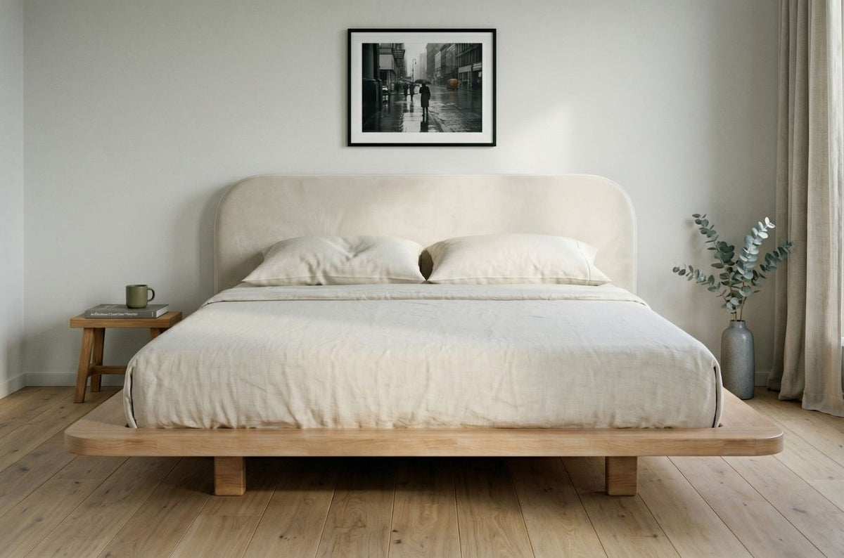 BORA Beech Floating Bed with Upholstered Headboard