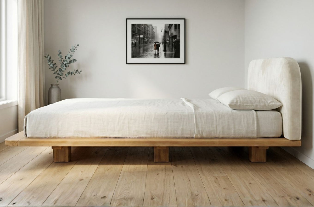 BORA Beech Floating Bed with Upholstered Headboard
