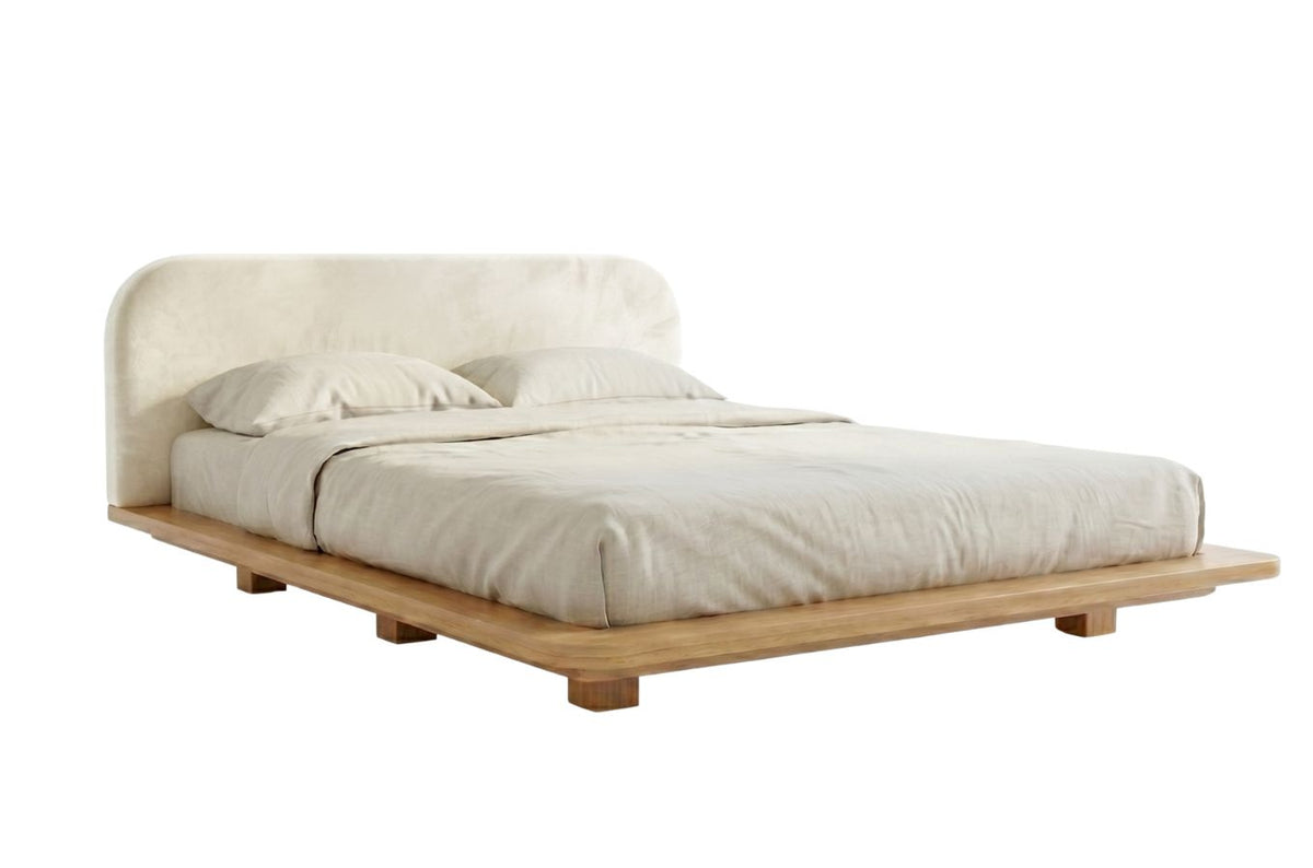 BORA Beech Floating Bed with Upholstered Headboard