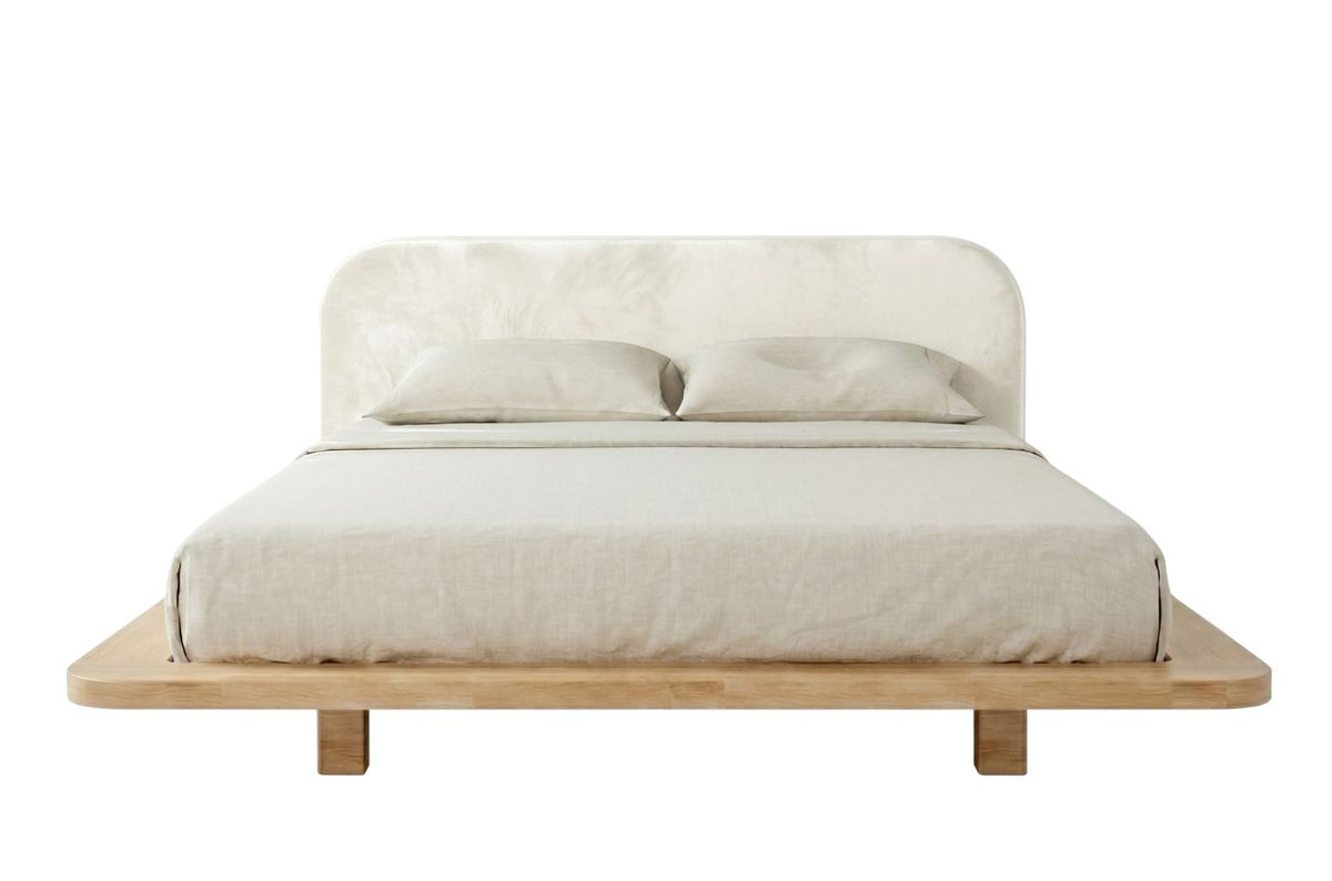 BORA Beech Floating Bed with Upholstered Headboard