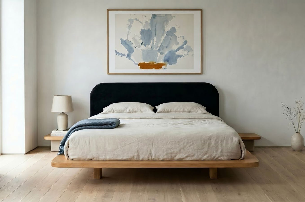 BORA Beech Floating Bed with Upholstered Headboard