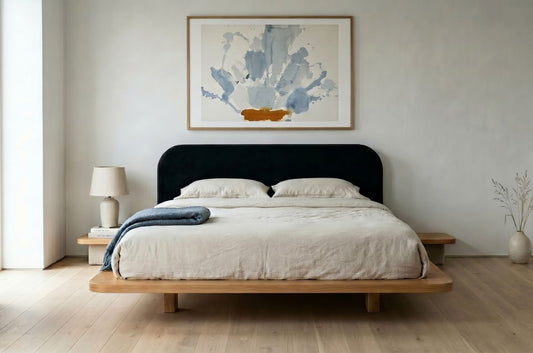 BORA Beech Floating Bed with Upholstered Headboard