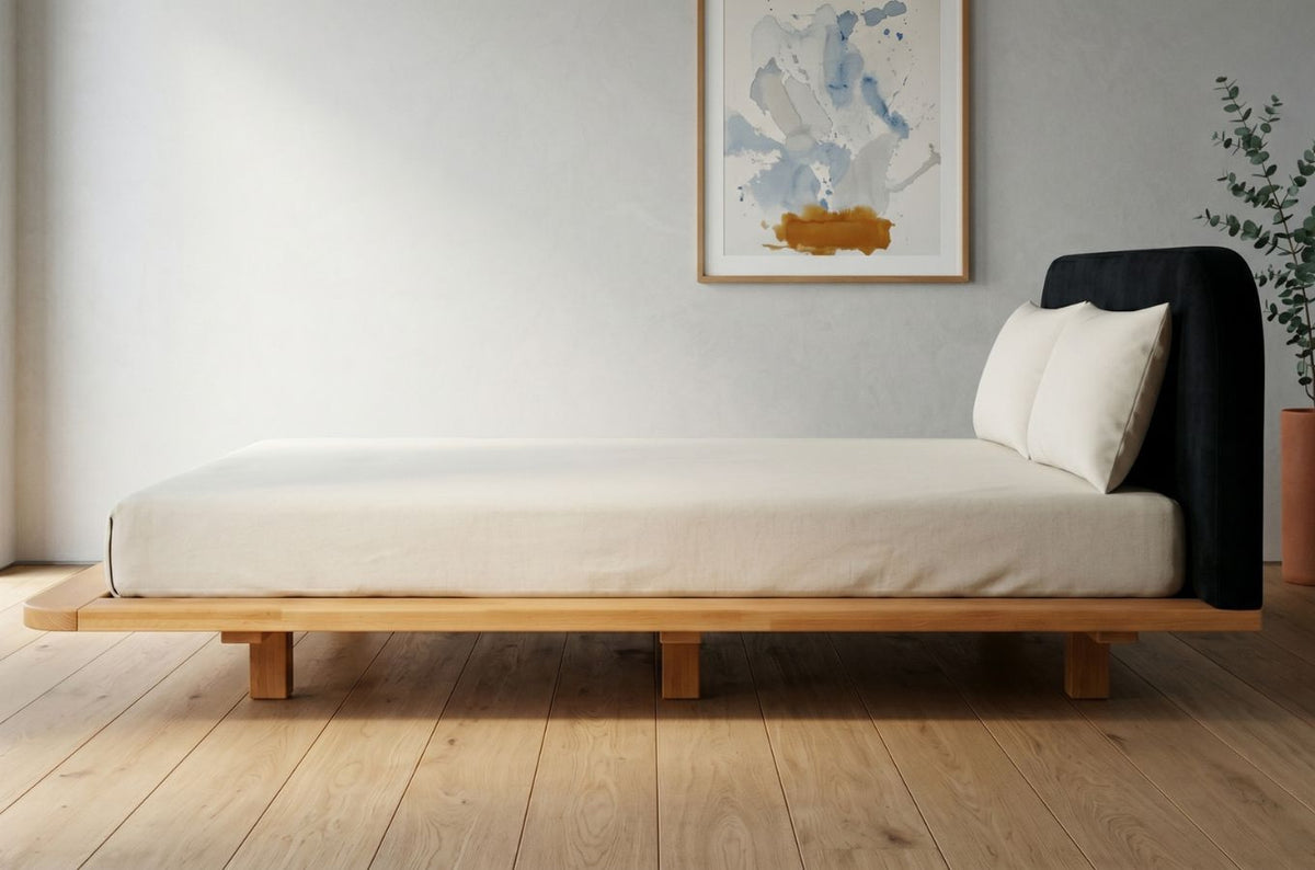BORA Beech Floating Bed with Upholstered Headboard