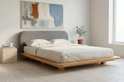 BORA Beech Floating Bed with Upholstered Headboard