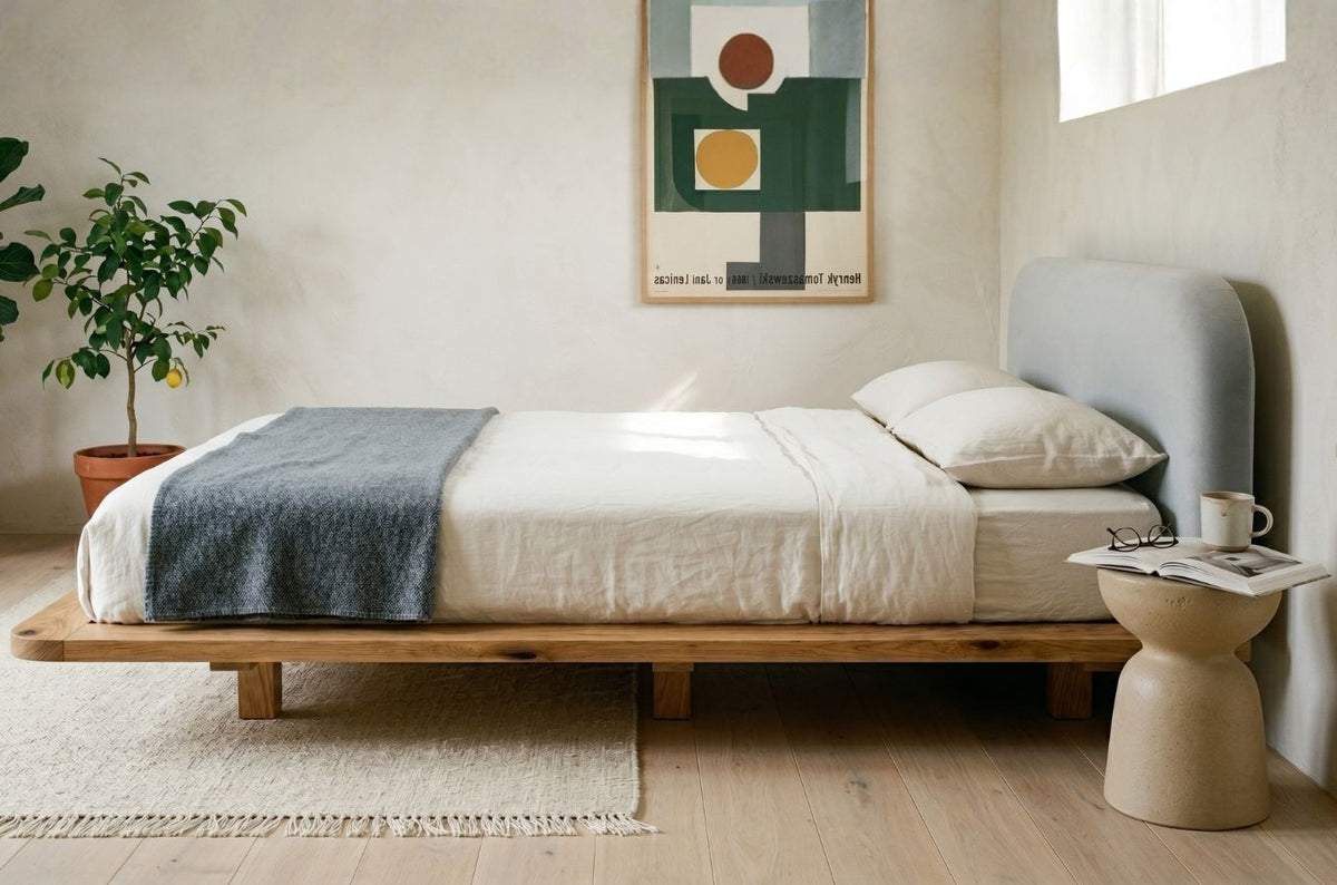 BORA Oak Floating Bed with Upholstered Headboard