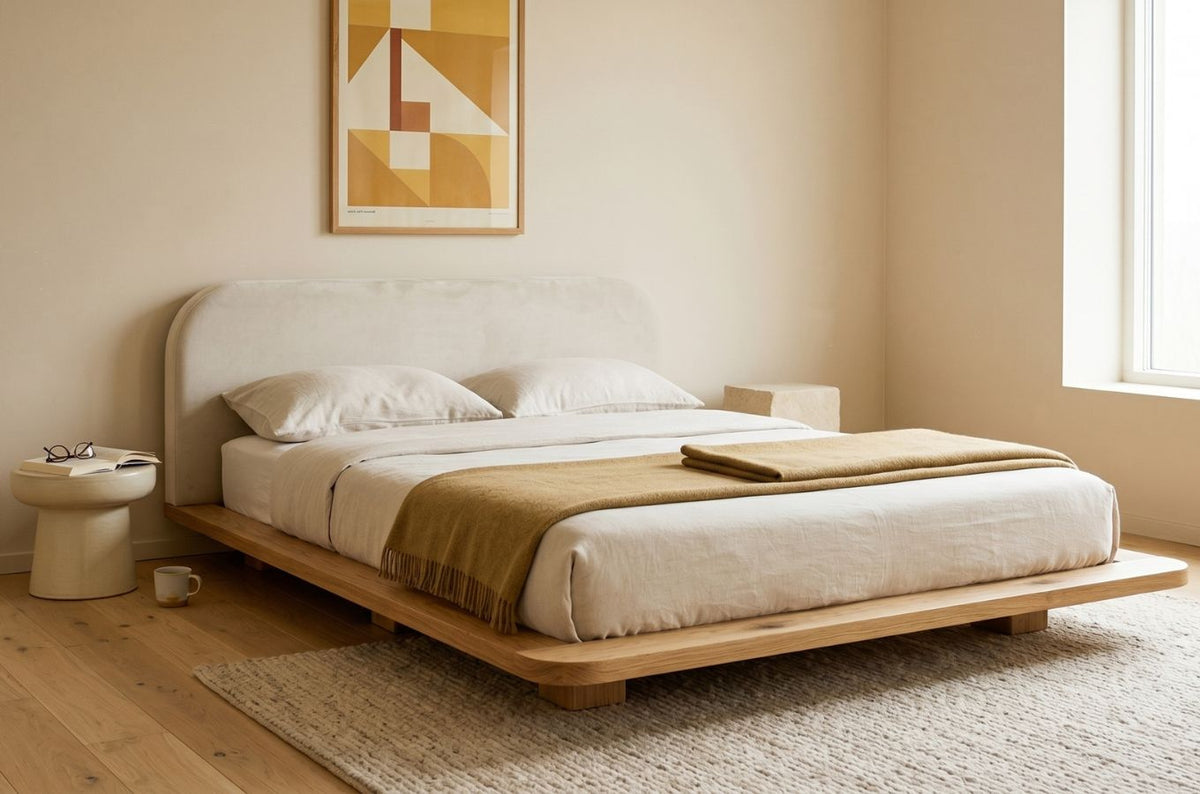 BORA Oak Floating Bed with Upholstered Headboard