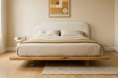 BORA Oak Floating Bed with Upholstered Headboard