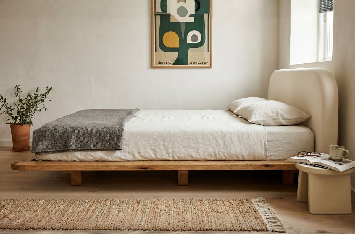 BORA Oak Floating Bed with Upholstered Headboard