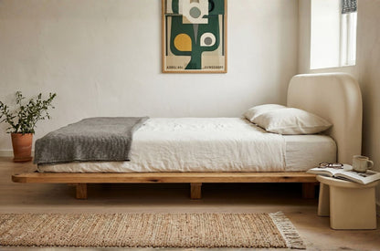 BORA Oak Floating Bed with Upholstered Headboard