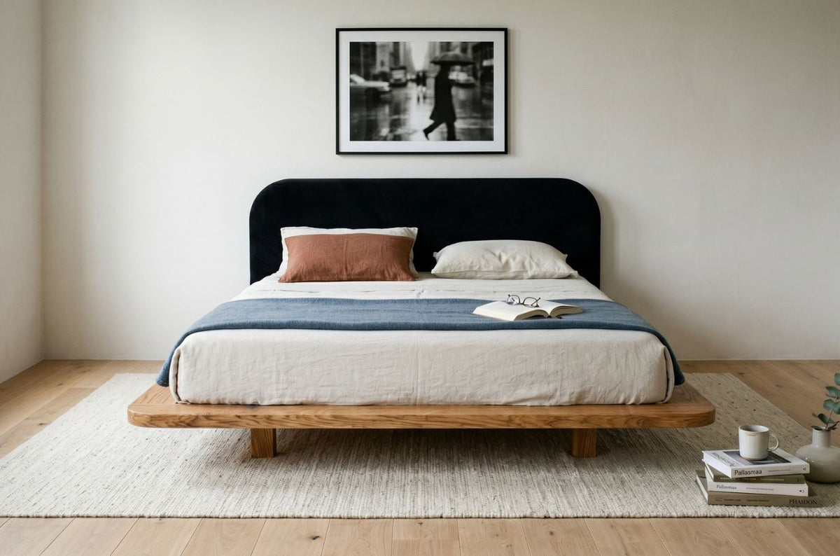 BORA Oak Floating Bed with Upholstered Headboard
