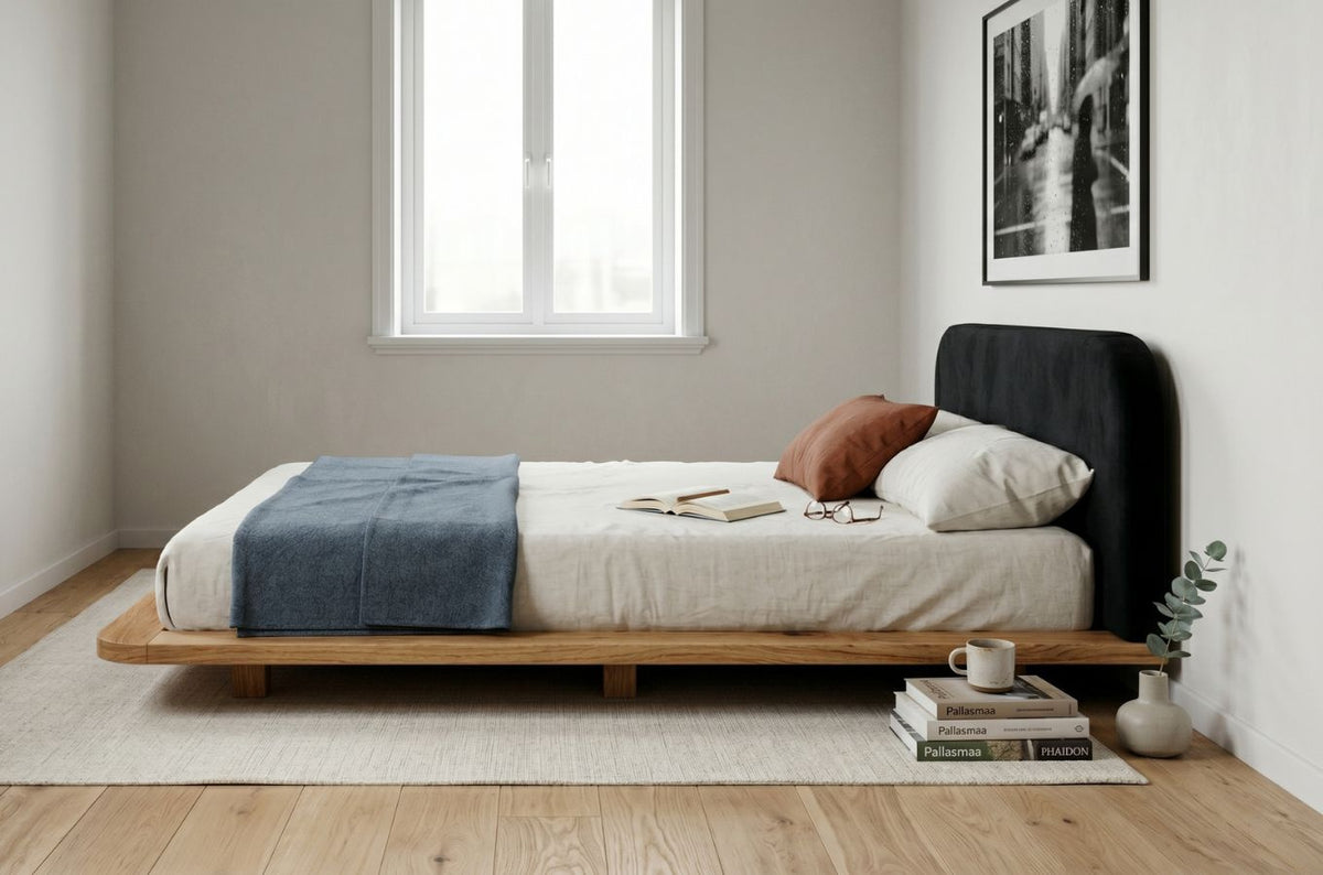 BORA Oak Floating Bed with Upholstered Headboard