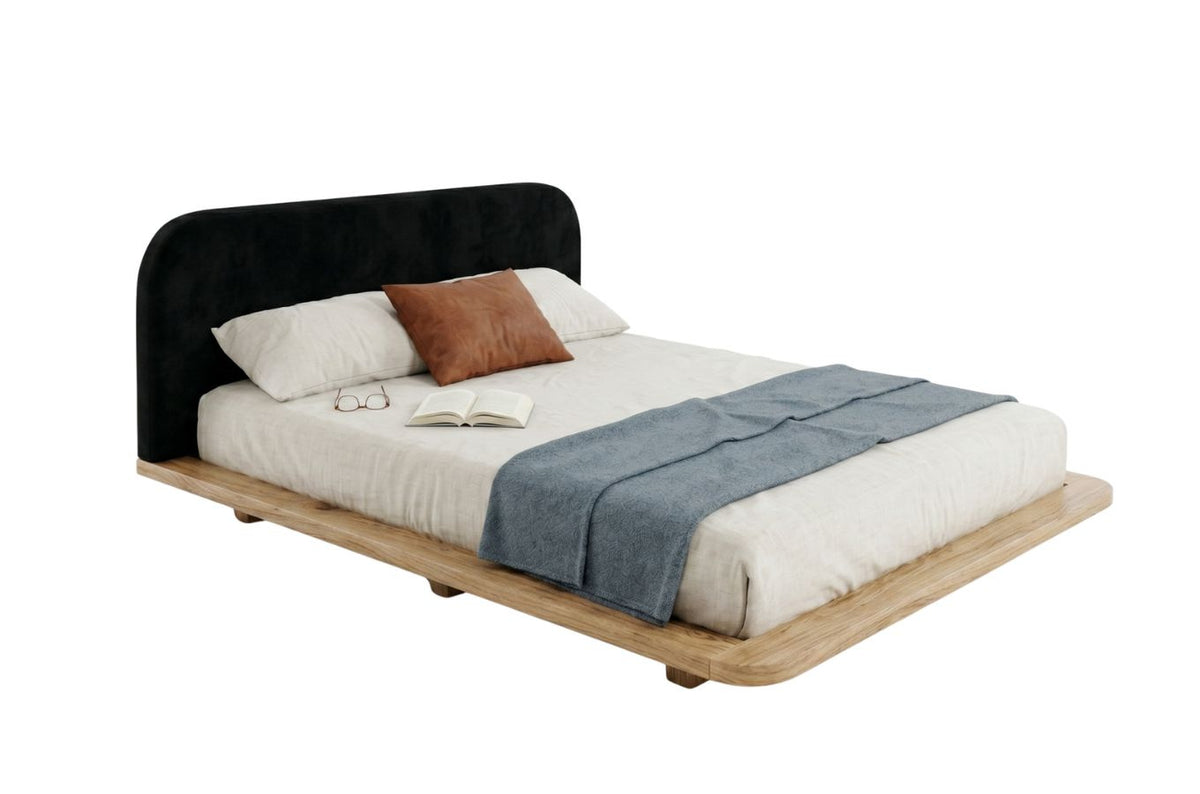 BORA Oak Floating Bed with Upholstered Headboard