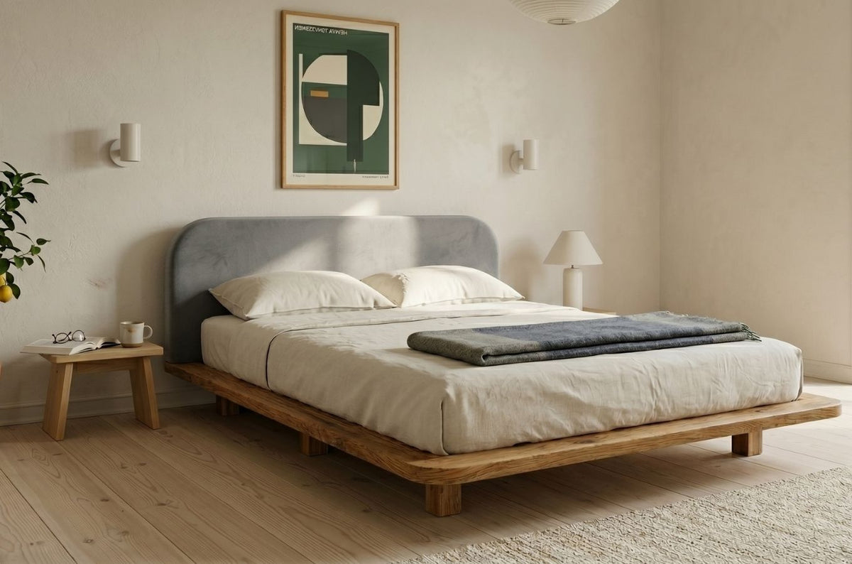 BORA Oak Floating Bed with Upholstered Headboard