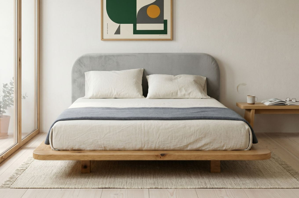 BORA Oak Floating Bed with Upholstered Headboard