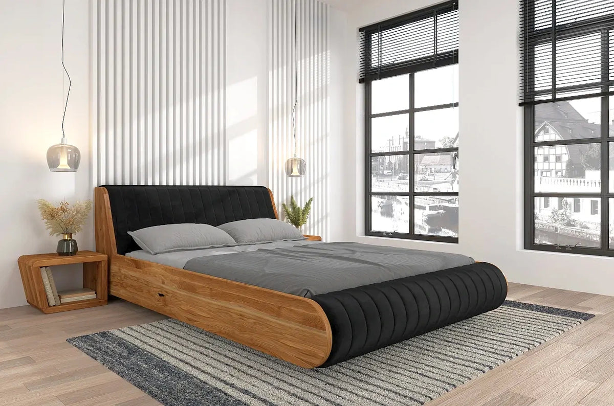 HARALD Oak Floating Bed with Upholstered Headboard
