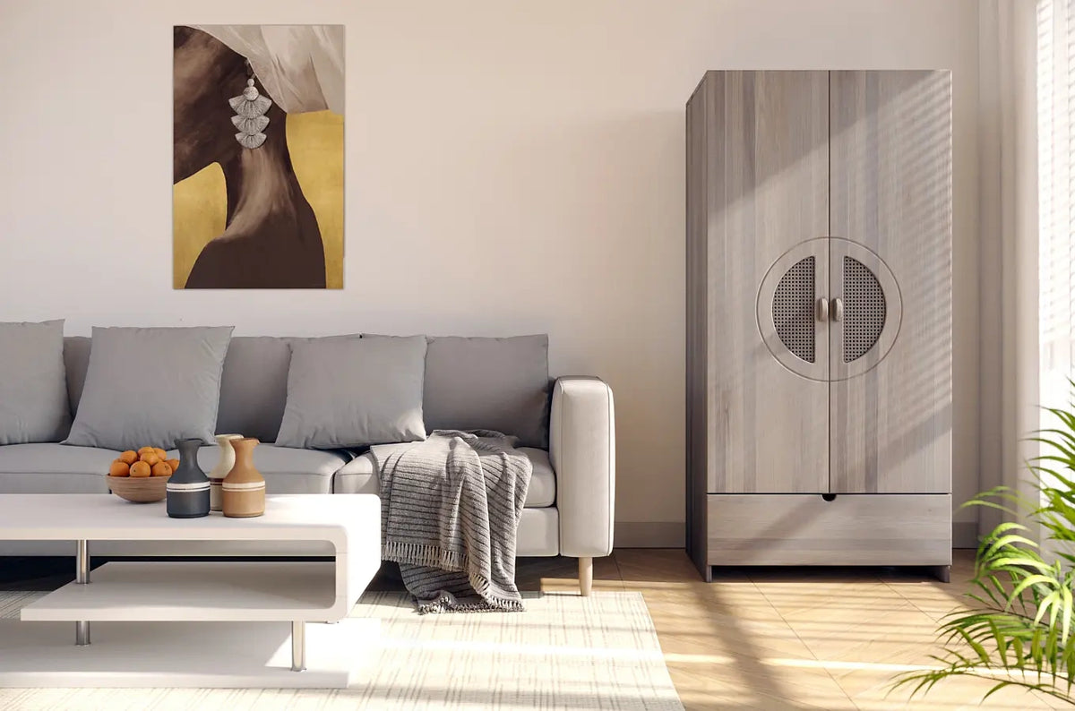 HARMARK Oak Wardrobe with Rattan Doors and Drawer