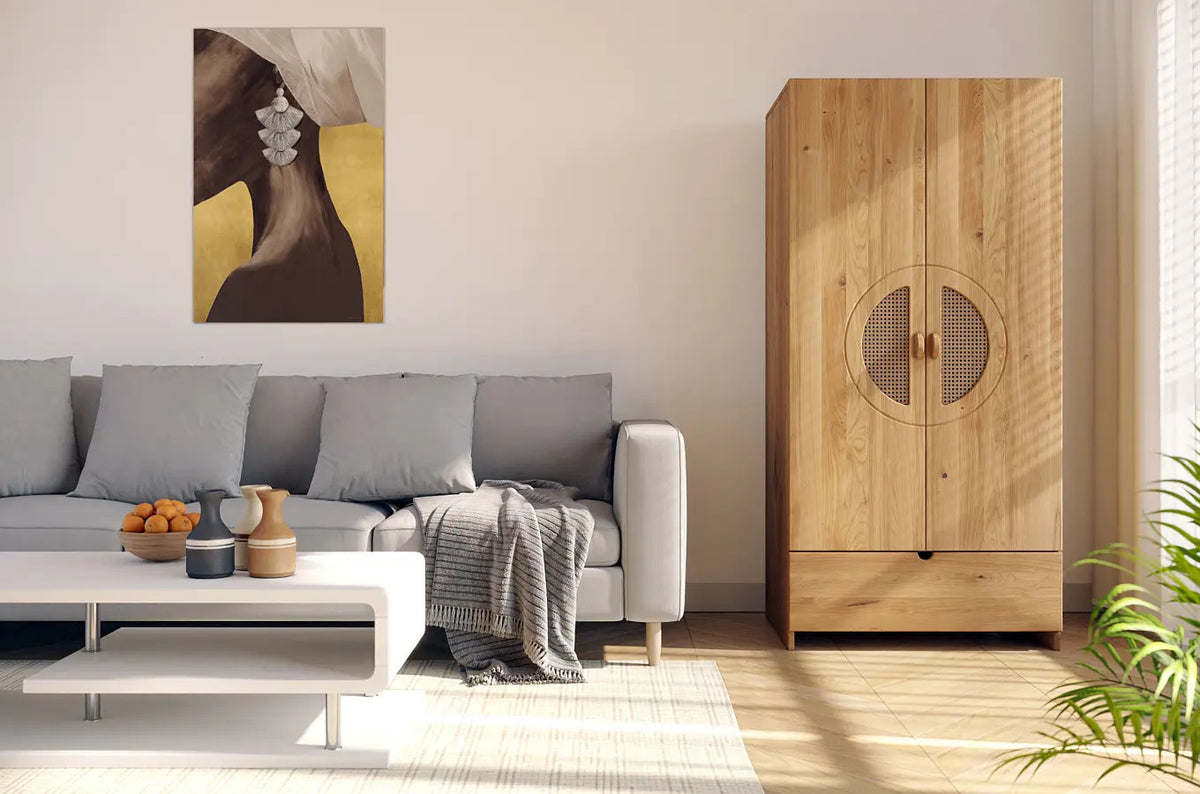 HARMARK Oak Wardrobe with Rattan Doors, Shelves and Drawer