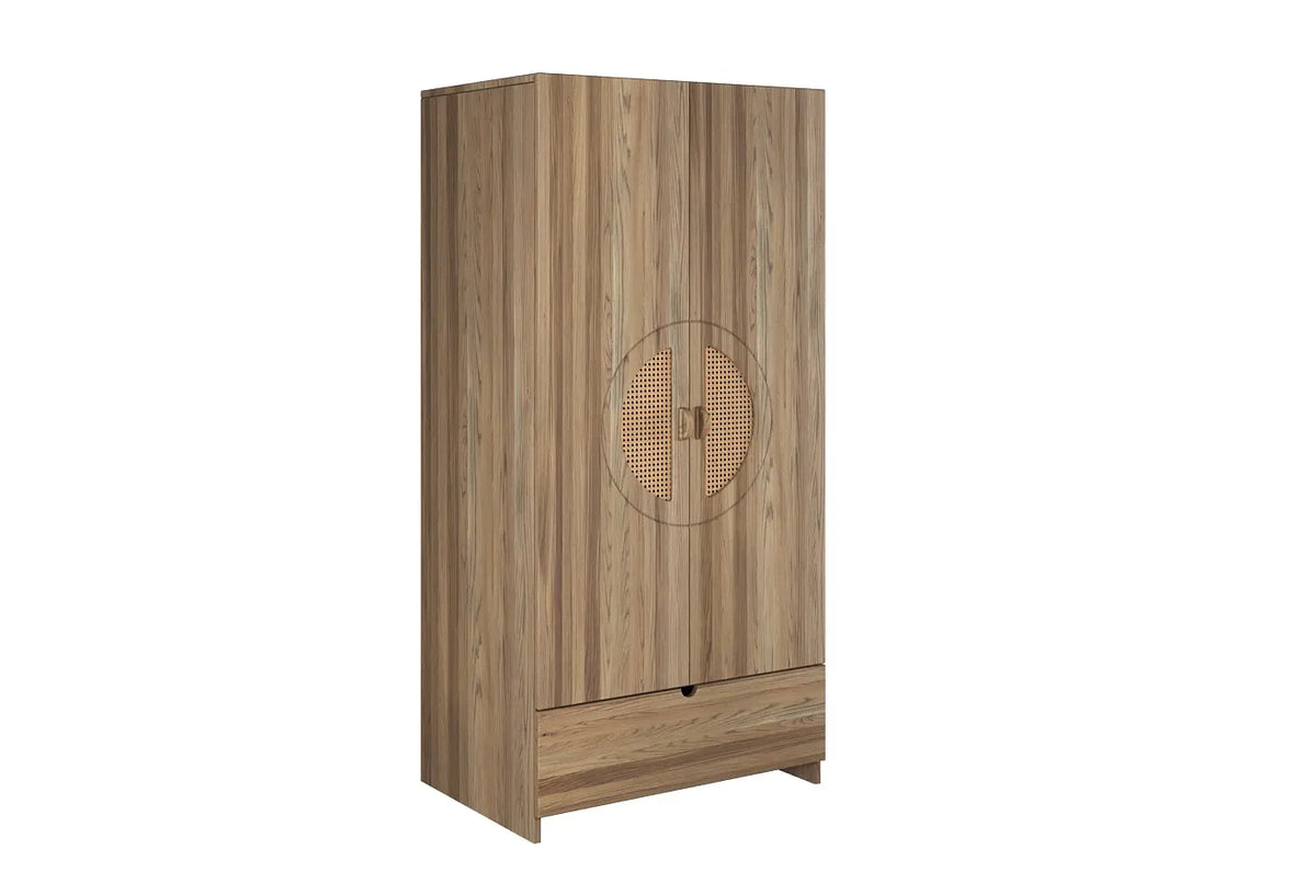 HARMARK Oak Wardrobe with Rattan Doors, Shelves and Drawer