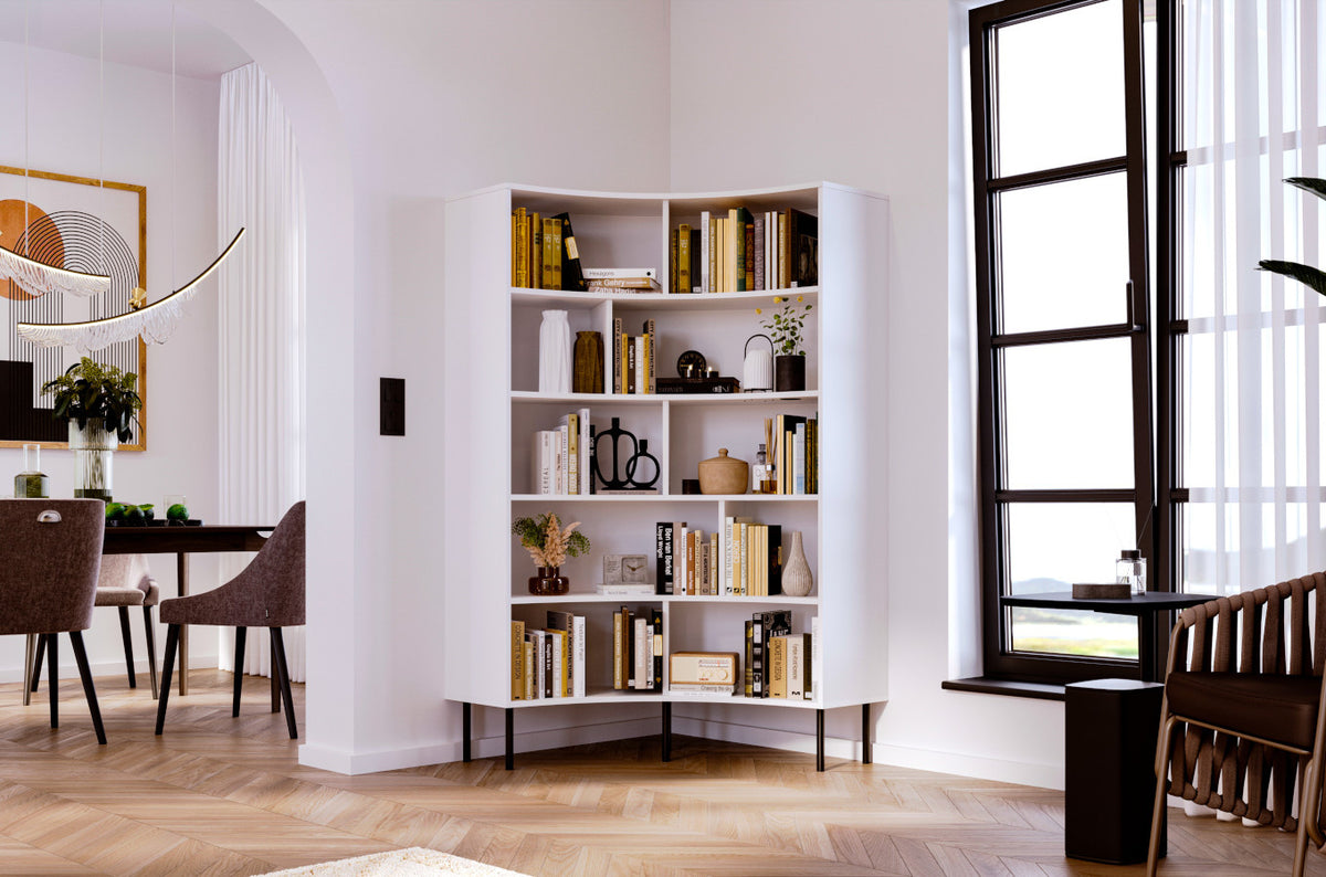 HORN Corner Bookcase 100CM with Black Legs White