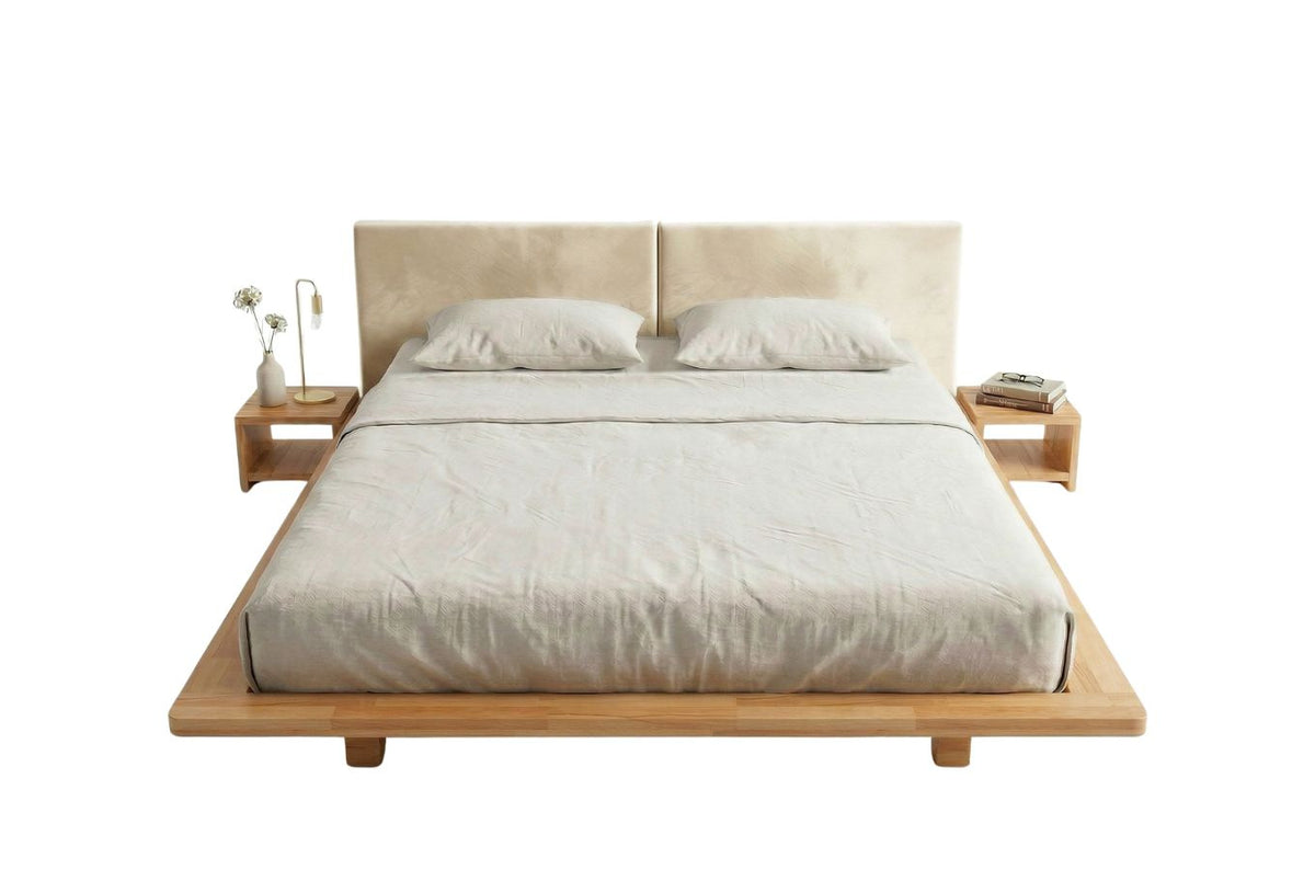 HVAR Beech Floating Bed with Bouclé Headboard