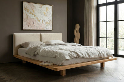 HVAR Beech Floating Bed with Bouclé Headboard