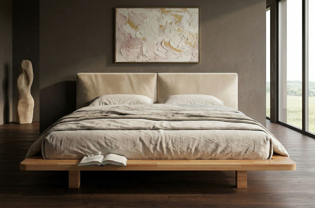 HVAR Beech Floating Bed with Bouclé Headboard