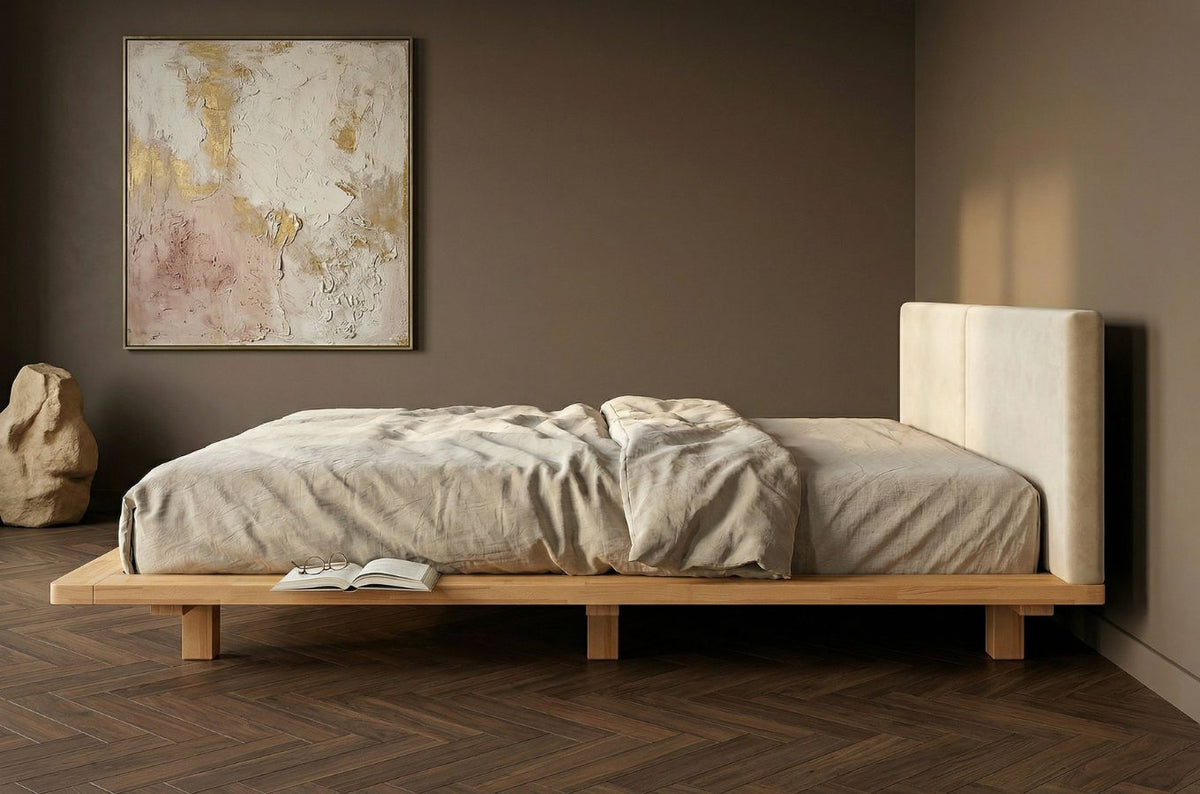 HVAR Beech Floating Bed with Bouclé Headboard
