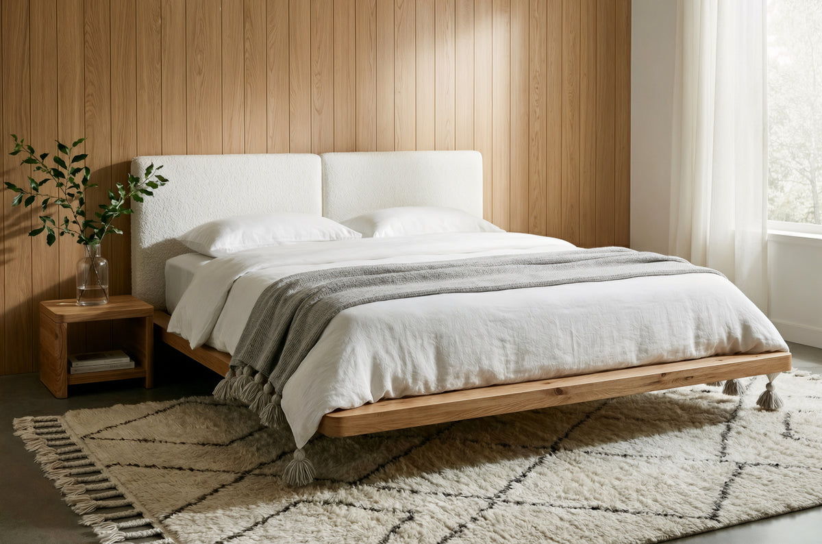 HVAR Oak Floating Bed with Bouclé Headboard