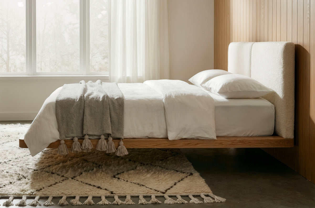 HVAR Oak Floating Bed with Bouclé Headboard