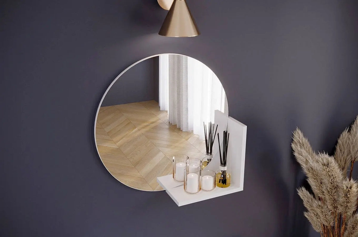 LUCIJA Round Mirror 60CM with Shelf White