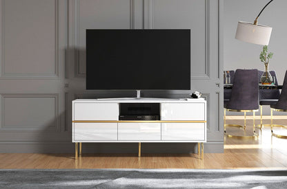 MARIKA White Gloss TV Unit 138CM with Gold Details