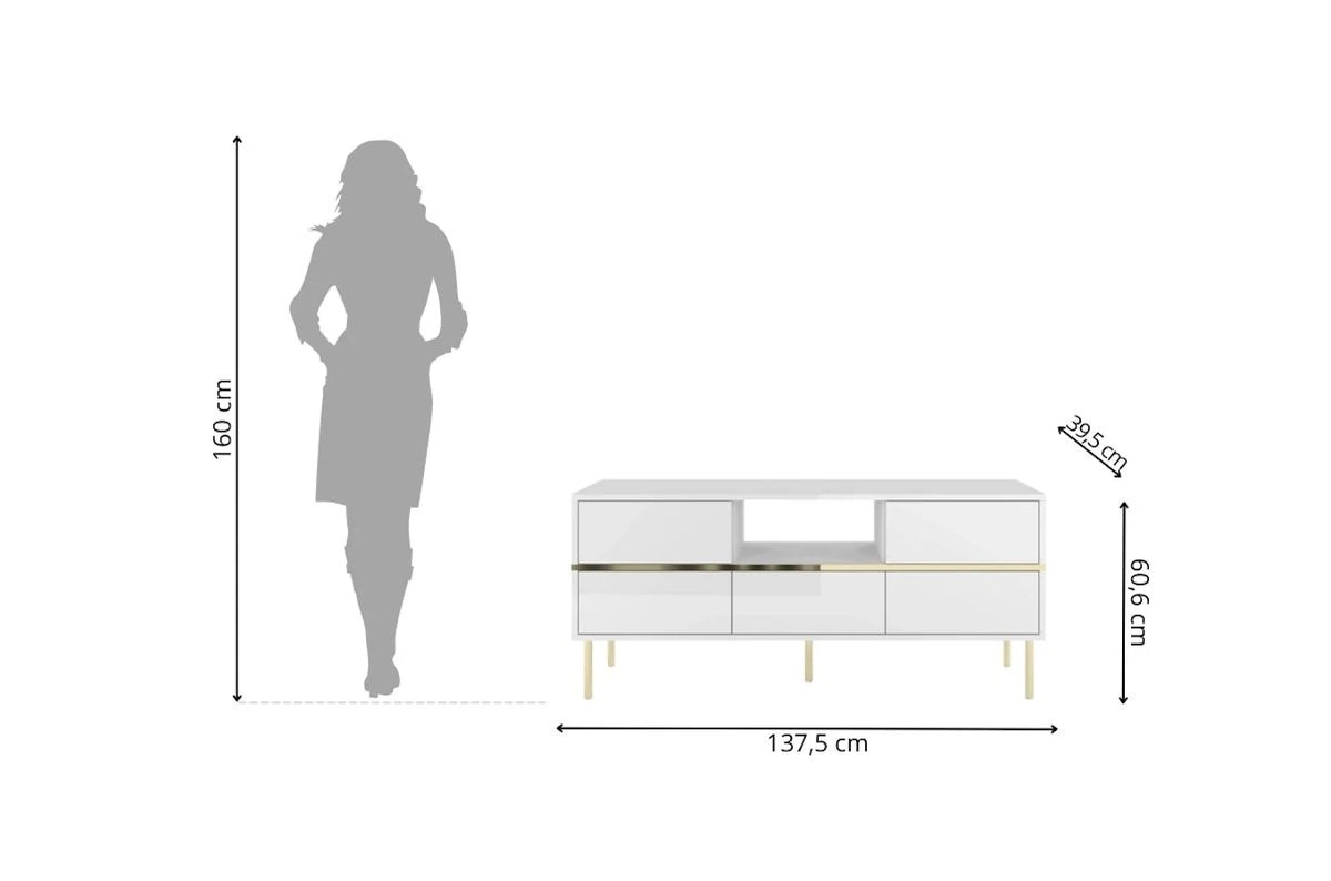 MARIKA White Gloss TV Unit 138CM with Gold Details