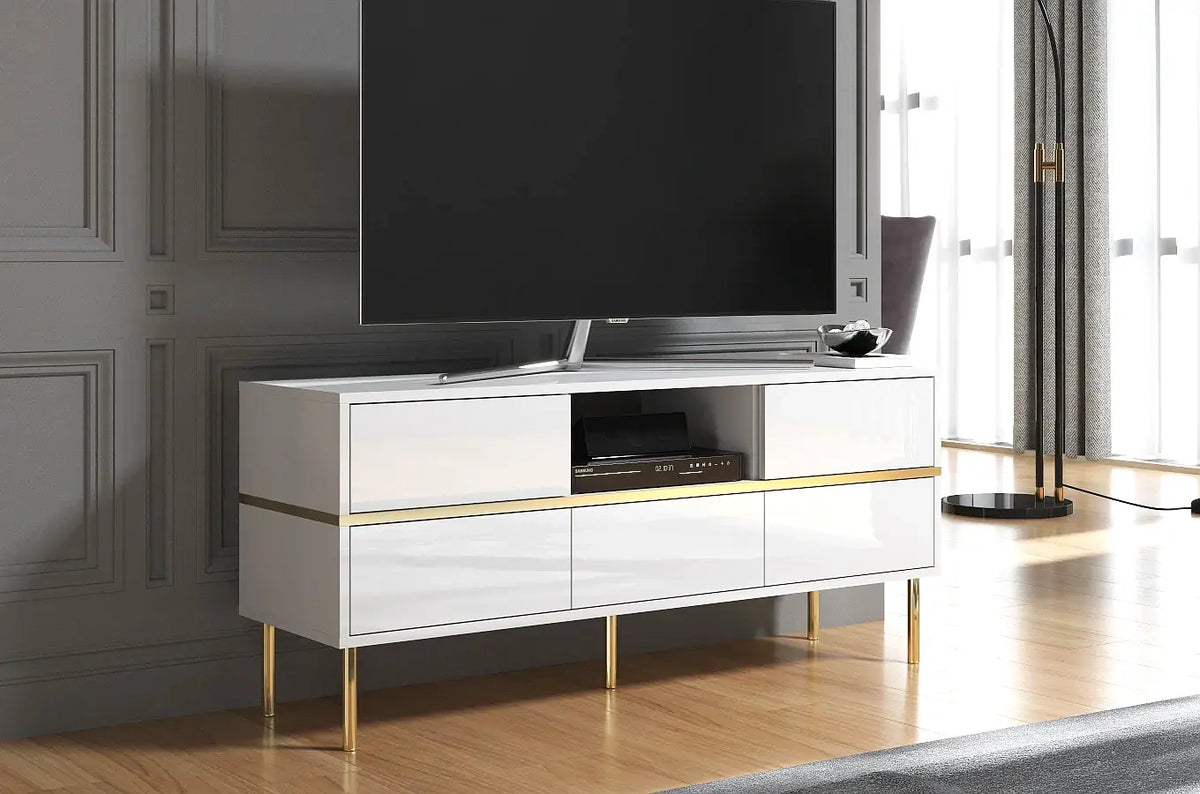 MARIKA White Gloss TV Unit 138CM with Gold Details