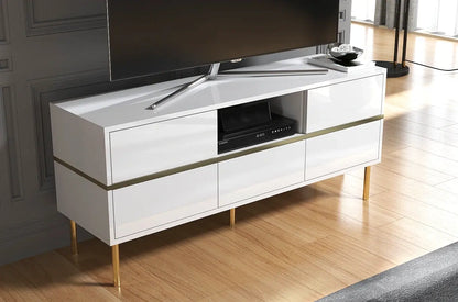 MARIKA White Gloss TV Unit 138CM with Gold Details