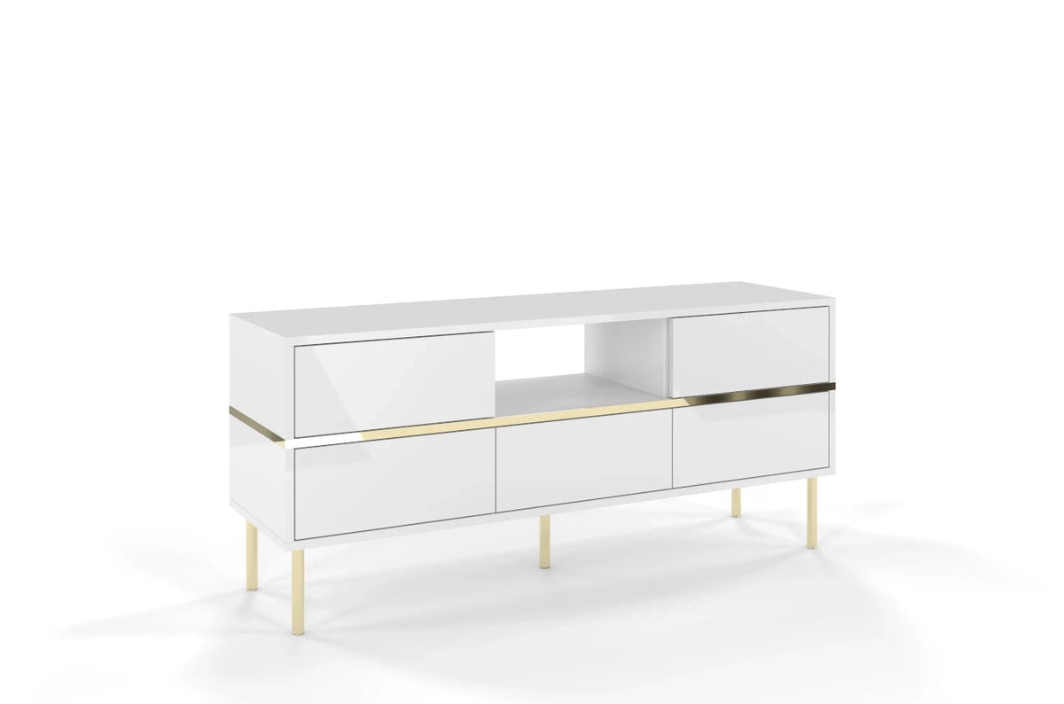 MARIKA White Gloss TV Unit 138CM with Gold Details