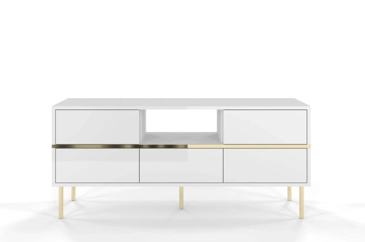 MARIKA White Gloss TV Unit 138CM with Gold Details