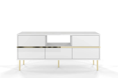 MARIKA White Gloss TV Unit 138CM with Gold Details
