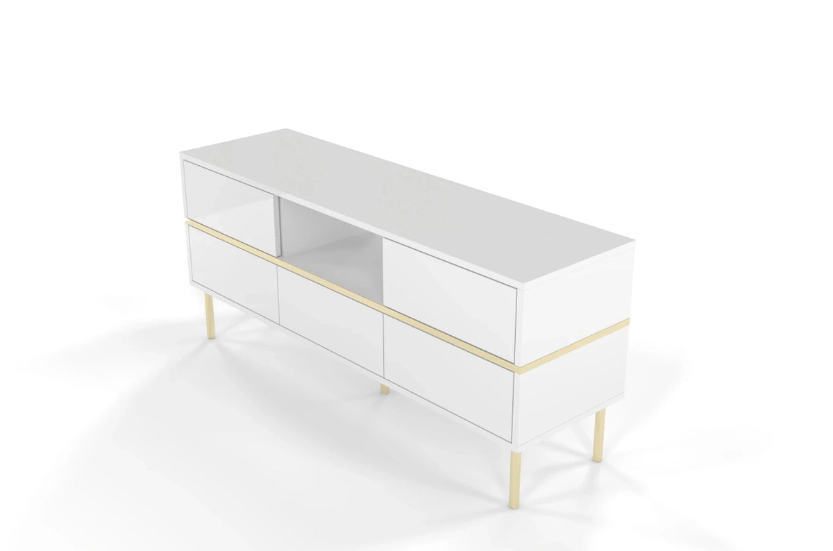 MARIKA White Gloss TV Unit 138CM with Gold Details