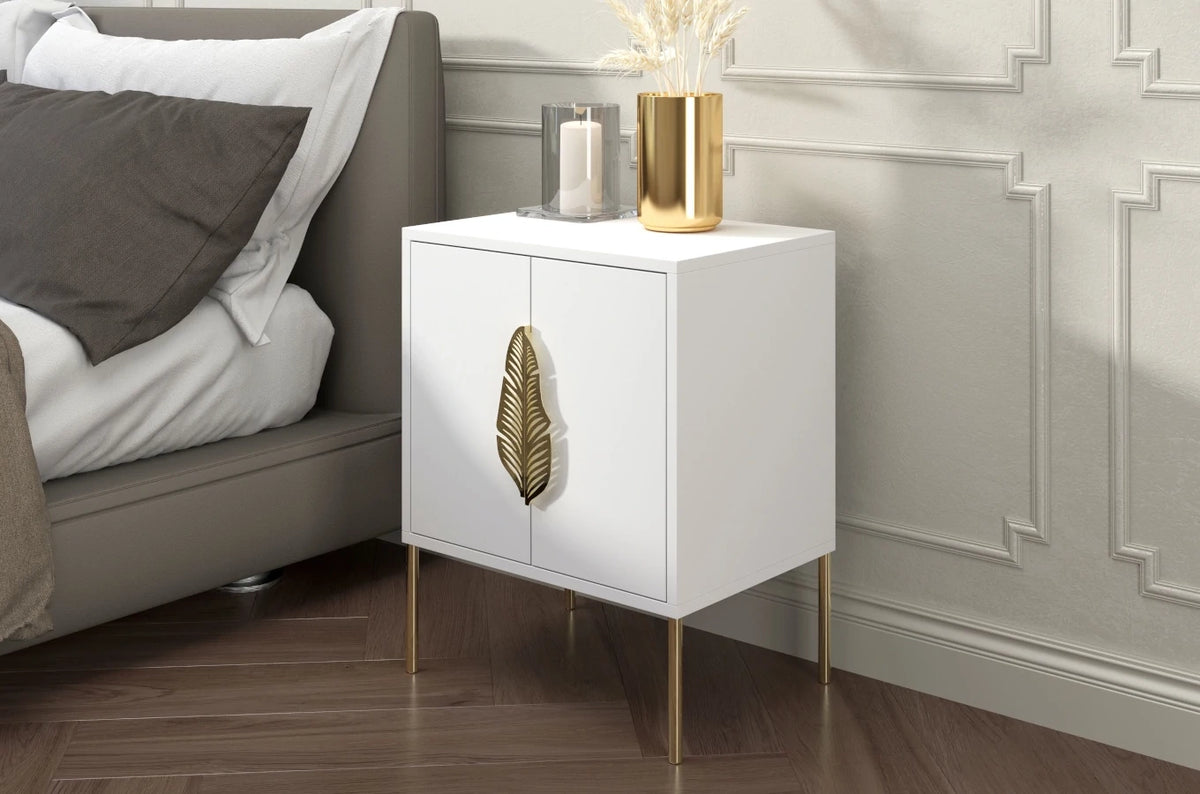 MERLIN Bedside Table with Golden Accessories White