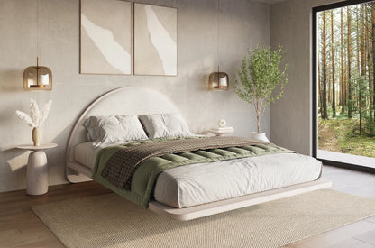 MOMOKO Beech Floating Bed with Bouclé Headboard