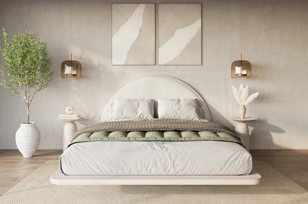 MOMOKO Beech Floating Bed with Bouclé Headboard