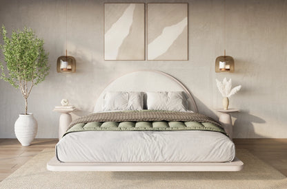 MOMOKO Beech Floating Bed with Bouclé Headboard