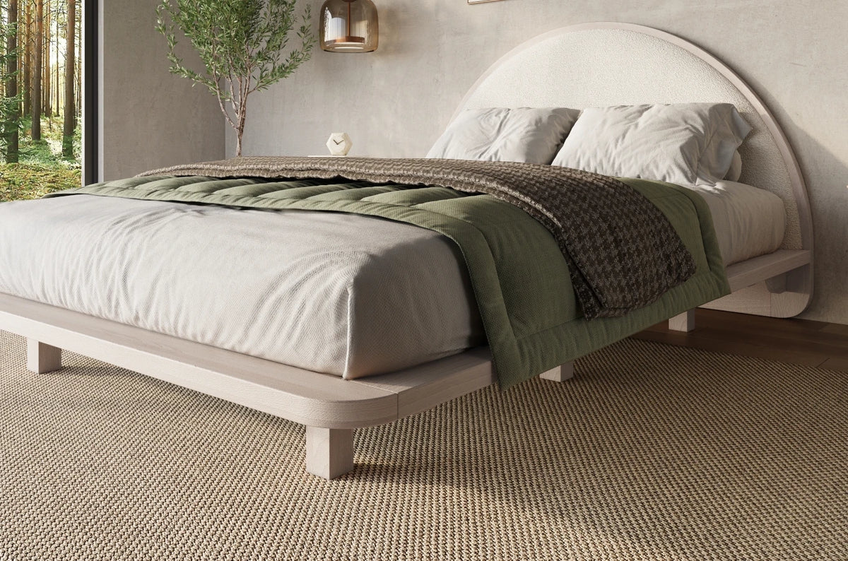 MOMOKO Beech Floating Bed with Bouclé Headboard