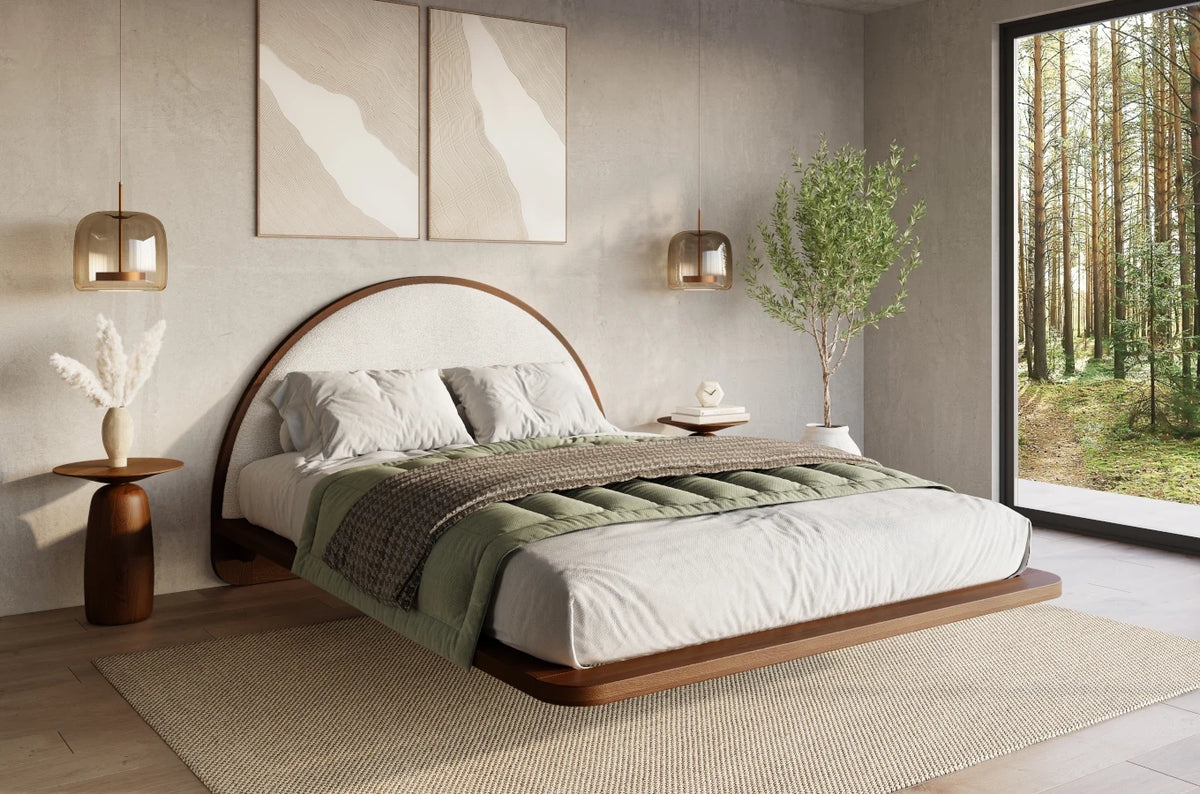 MOMOKO Beech Floating Bed with Bouclé Headboard