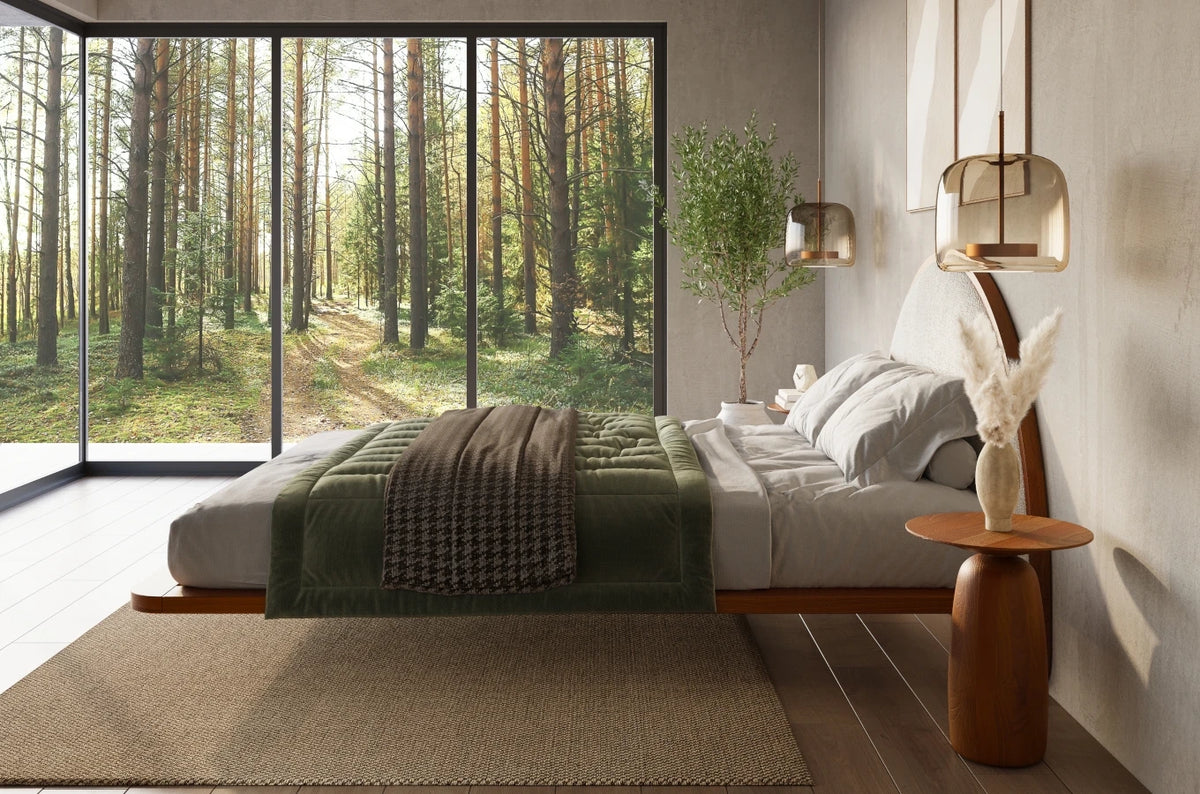 MOMOKO Beech Floating Bed with Bouclé Headboard