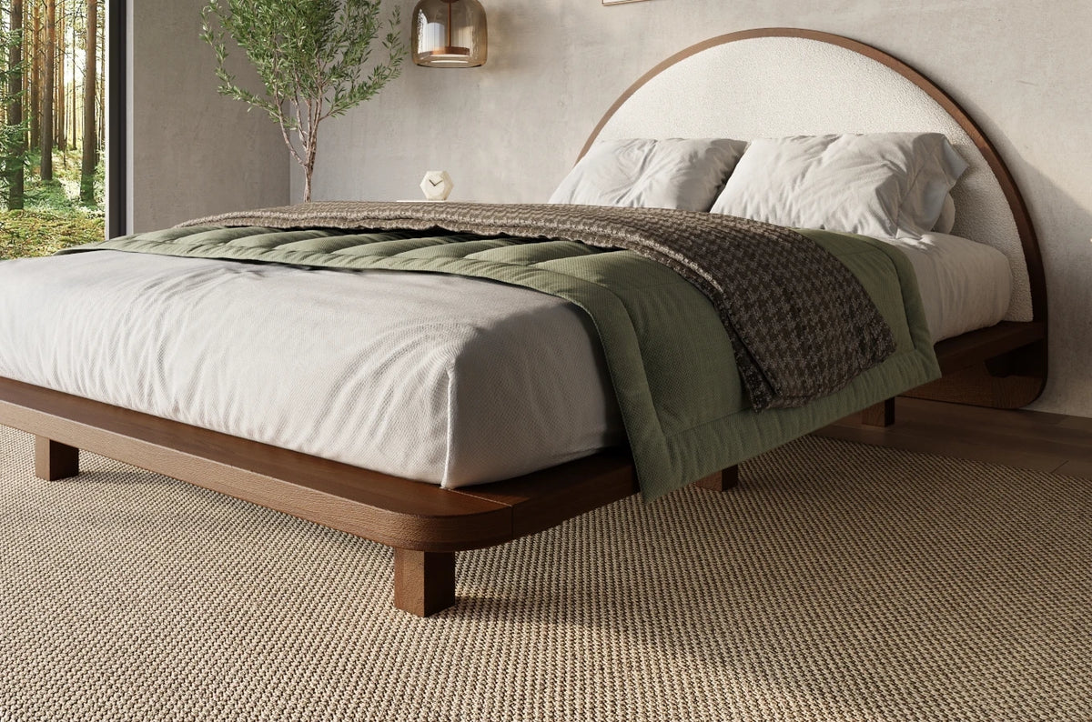 MOMOKO Beech Floating Bed with Bouclé Headboard