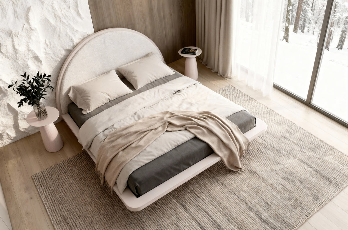 MOMOKO Beech Floating Bed with Bouclé Headboard
